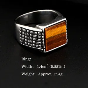 Punk hip-hop titanium steel ring for men with square tiger eye stone and dotted texture