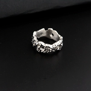 Mens silver punk titanium steel ring with irregular lava texture and industrial style