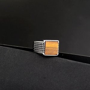 Vintage men's stainless steel square tiger eye ring with detailed grain texture