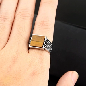 Men's retro stainless steel ring with rectangular tiger eye stone and dotted relief pattern
