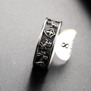 Vintage punk titanium steel shield and horse ring for men in antique silver finish