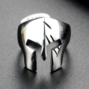 Men's punk Spartan warrior helmet ring in silver stainless steel with scratched finish