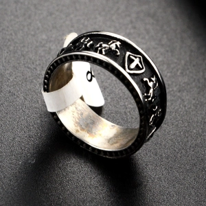 Men's hip hop punk shield and horse signet ring in vintage blackened stainless steel
