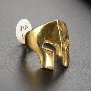 Golden Spartan helmet mask ring for men in punk hip-hop style stainless steel finish