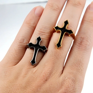 Punk style cross rings in gold and silver finish with black enamel for men