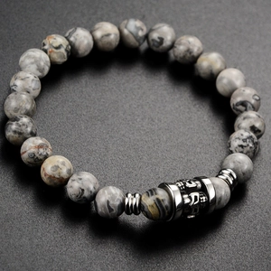 Vintage beaded bracelet with natural map stone beads and silver skull steel charms