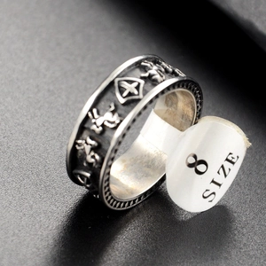 Punk vintage stainless steel horse shield ring with cross relief in oxidized black finish