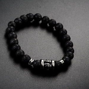 Men's black lava rock beaded bracelet with engraved silver-tone steel cylinder charm