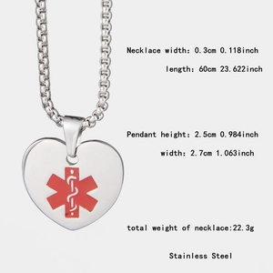 Detail of heart medical alert pendant with dimensions and stainless steel box chain specs