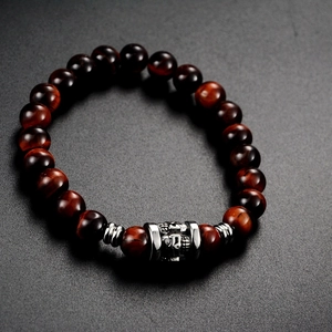 Retro tiger eye beaded bracelet with silver skull charm and titanium steel accents