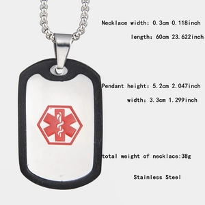 Detail showing medical alert tag dimensions with red Star of Life and steel bead chain