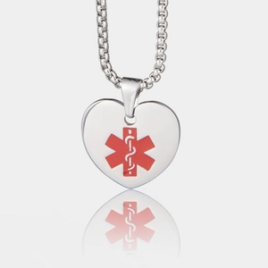 Stainless Steel Heart Medical Symbol Pendant Necklace For Women Men Red Star Of Life Emergency Alert ID Jewelry Pendant