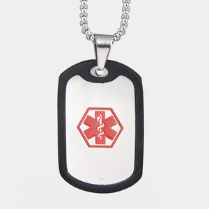 Medical alert dog tag necklace with Star of Life symbol and black silencer ring