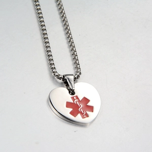 Polished stainless steel heart medical alert pendant necklace with red star of life symbol