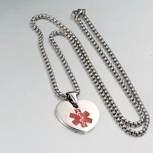 Stainless steel medical alert heart necklace with red star of life symbol on bead chain