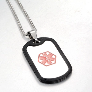Medical ID tag necklace with red Star of Life symbol and black silicone silencer on bead chain