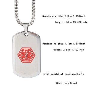 Detailed view of stainless steel medical dog tag necklace with dimensions and weight specs