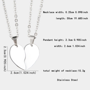 Detailed size specifications for heart-shaped puzzle pendant necklaces in stainless steel
