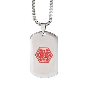 Polished stainless steel medical alert dog tag necklace with red Star of Life symbol