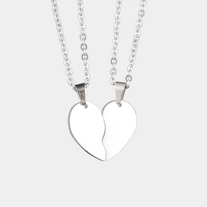 Polished silver stainless steel heart puzzle pendant necklace set for couples