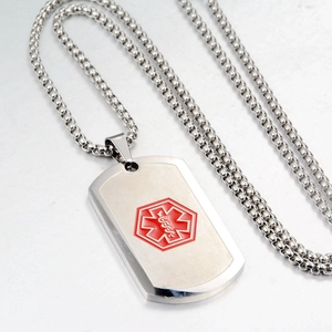 Medical alert identification necklace with red Star of Life symbol on polished steel pendant