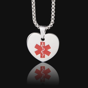 Polished heart-shaped medical alert pendant necklace with red caduceus star of life symbol