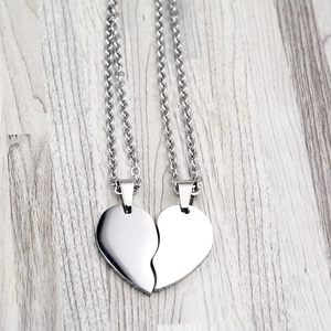 Polished stainless steel heart puzzle pendant necklace set for couples in silver