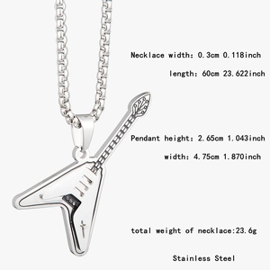 Détails du pendentif guitare électrique en acier inoxydable avec dimensions et chaîne