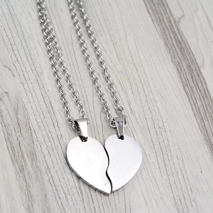 Stainless Steel Couple Heart Split Pendant Necklace Silver Polished Fashion Jewelry For Valentine's Day Men Women