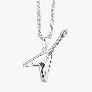 Pendentif guitare Flying V en acier inoxydable argenté avec sa chaîne à billes polie
