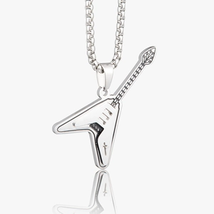 Collier Pendentif Guitare Électrique en Acier Inoxydable Bijoux Punk Rock Thème Musique pour Hommes Femmes Ton Argent Poli