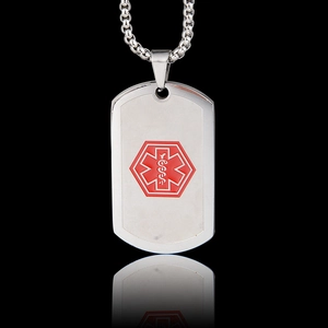 Stainless steel medical alert dog tag necklace with red Star of Life on black background