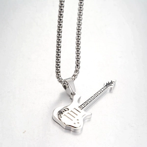 Collana con Ciondolo a Forma di Chitarra in Acciaio Inossidabile per Uomo Donna Stile Rock Music Gioielli Lucidi Argento
