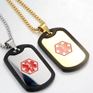 Polished stainless steel medical alert dog tag necklace with red Star of Life and silencer