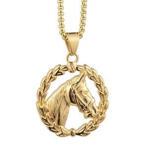 Collier Pendentif Relief Tête de Cheval Western Vintage Pour Hommes Femmes Acier Inoxydable Couronne de Laurier Médaillon Circulaire Chaîne Box Plqué Or Bijoux