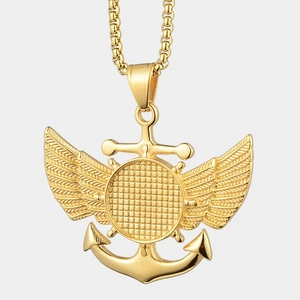 Collier Pendentif Médaillon Ancre Aile en Acier Inoxydable Gothique Or Plaqué Chaîne Box Unisexe Hip Hop Bijoux Nautiques