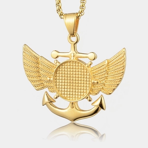 Pendentif cadre photo ancre et aile en or poli avec collier en acier inoxydable