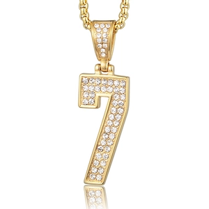 Collar con Colgante de Número 7 Hip Hop Iced Out para Hombre Mujer de Acero Inoxidable Oro con Strass