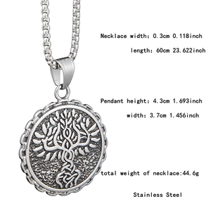 Macro view showing dimensions and stainless steel material of the Tree of Life pendant