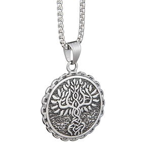 Vintage Tree of Life pendant necklace with Celtic knot patterns on a silver box chain