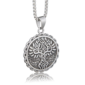 Detail shot of a silver Tree of Life pendant with Celtic knot on a stainless box chain