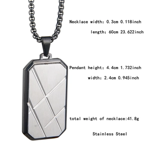 Detailed view of striped rectangular pendant with precise size and material specs