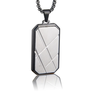 Polished titanium steel square tag pendant necklace with geometric stripe engravings