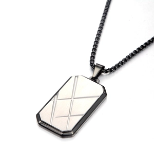 Men's titanium steel necklace with striped rectangular pendant on black box chain