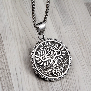 Vintage stainless steel tree of life medallion pendant necklace with box chain