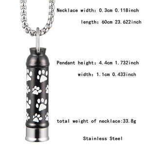 Detailed dimensions of stainless steel cylindrical pet cremation urn necklace with paw prints