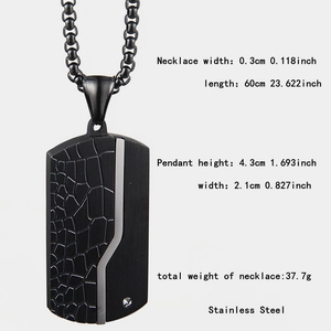 Detail view of black stainless steel dog tag necklace with crystal and size specifications