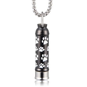 Polished stainless steel cylinder urn necklace with white paw prints on black finish