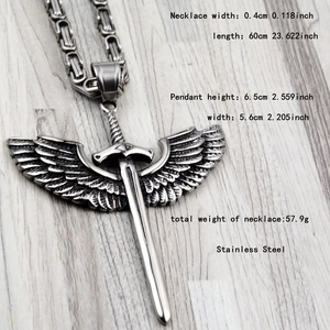 Detailed view of sword and wing pendant on a 60cm stainless steel hexagonal link chain