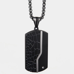 Men's matte black dog tag necklace with a single rhinestone and rectangle pendant